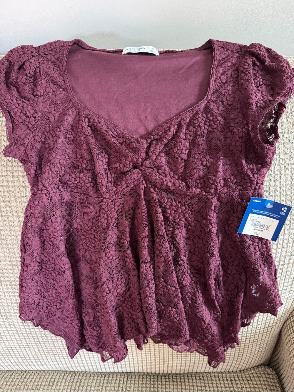 Arizona Jean Company Plum Lace Short Sleeve Women's Top